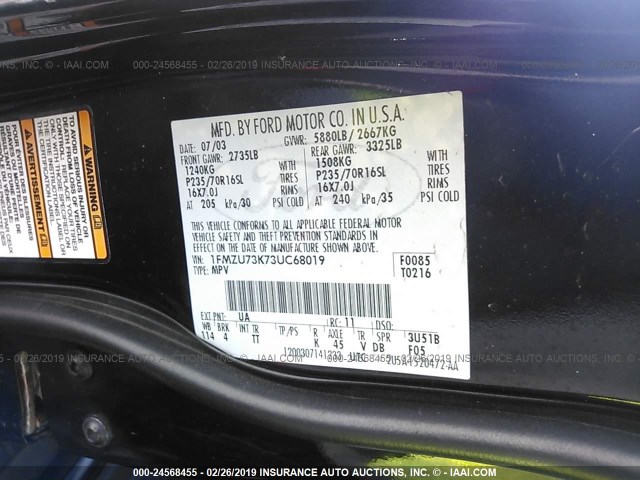 1FMZU73K73UC68019 - 2003 FORD EXPLORER XLT/XLT SPORT/NBX Noir photo 9