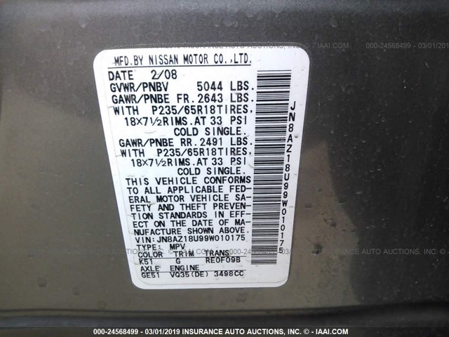 JN8AZ18U99W010175 - 2009 NISSAN MURANO S/SL GRAY photo 9