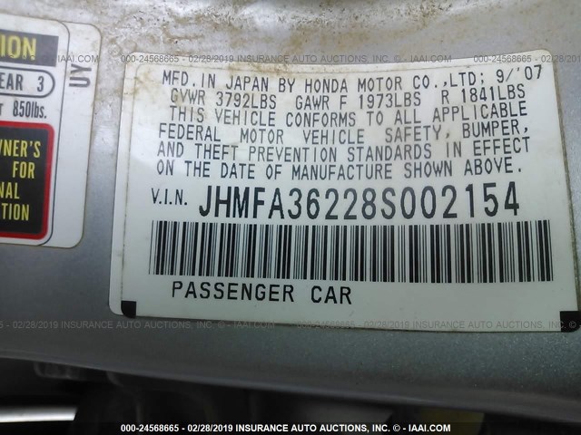 JHMFA36228S002154 - 2008 HONDA CIVIC HYBRID SILVER photo 9