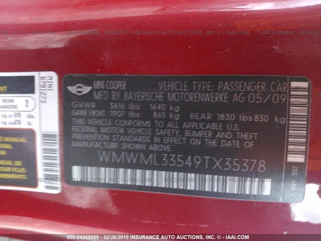 WMWML33549TX35378 - 2009 MINI COOPER CLUBMAN RED photo 9