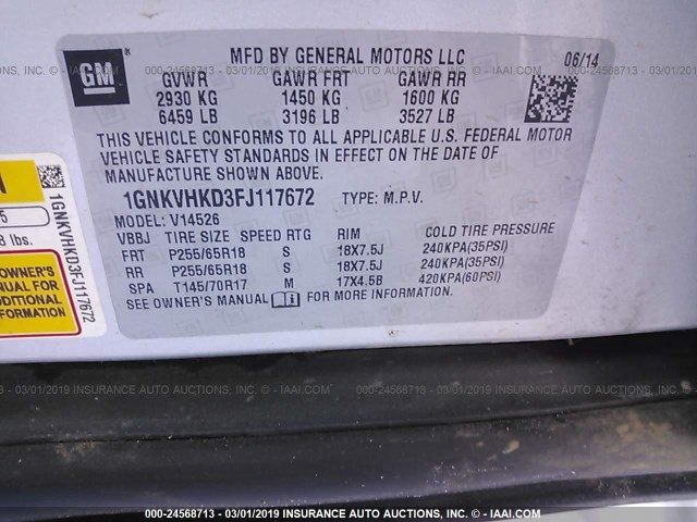 1GNKVHKD3FJ117672 - 2015 CHEVROLET TRAVERSE LT SILVER photo 9