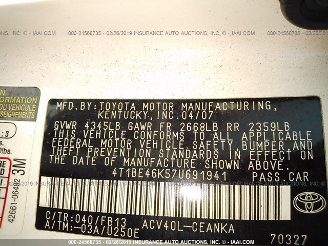 4T1BE46K57U691941 - 2007 TOYOTA CAMRY NEW GENERAT CE/LE/XLE/SE WHITE photo 9