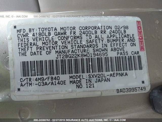 JT2BG22K8W0194695 - 1998 TOYOTA CAMRY CE/LE/XLE 金色 照片 9