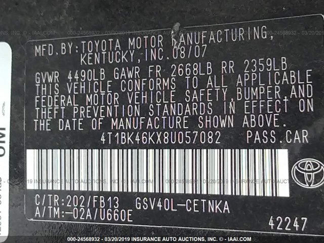 4T1BK46KX8U057082 - 2008 TOYOTA CAMRY LE/XLE/SE BLACK photo 9