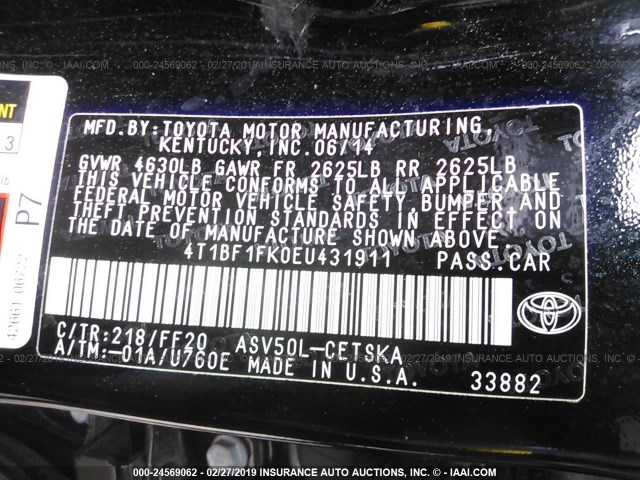 4T1BF1FK0EU431911 - 2014 TOYOTA CAMRY L/SE/LE/XLE 黑色 照片 9