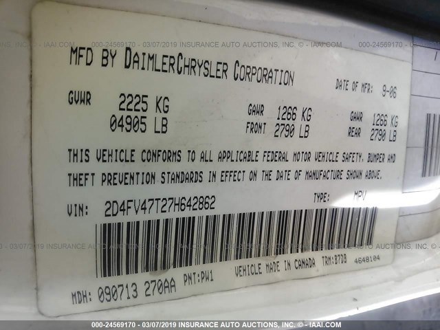 2D4FV47T27H642862 - 2007 DODGE MAGNUM SE WHITE photo 9