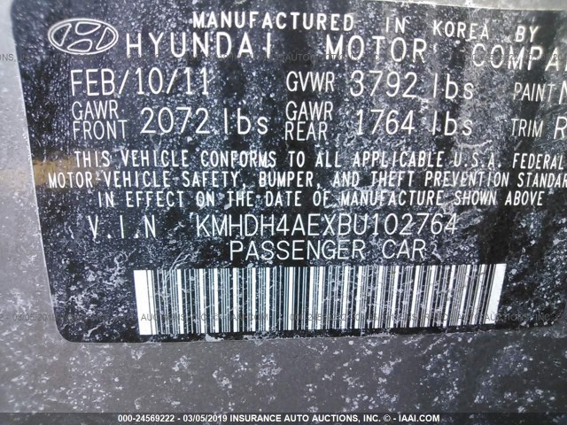 KMHDH4AEXBU102764 - 2011 HYUNDAI ELANTRA GLS/LIMITED GRAY photo 9