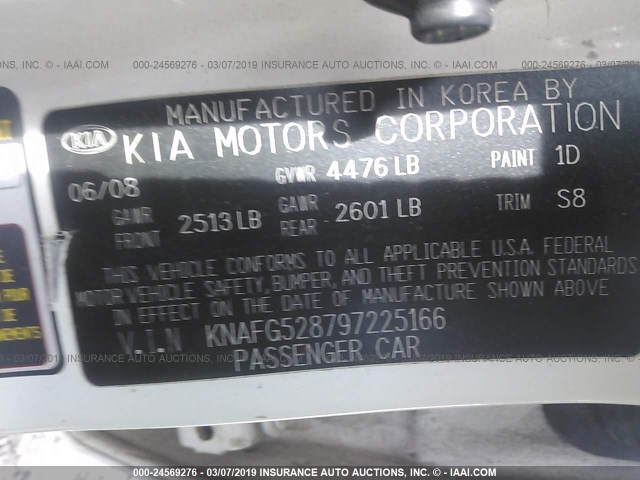 KNAFG528797225166 - 2009 KIA RONDO LX/EX WHITE photo 9