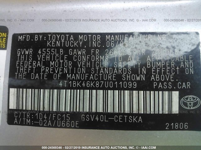 4T1BK46K87U011099 - 2007 TOYOTA CAMRY NEW GENERAT LE/XLE/SE SILVER photo 9