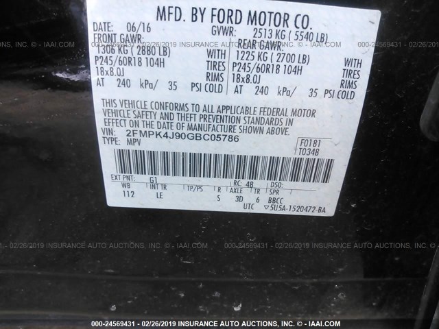 2FMPK4J90GBC05786 - 2016 FORD EDGE SEL BLACK photo 9