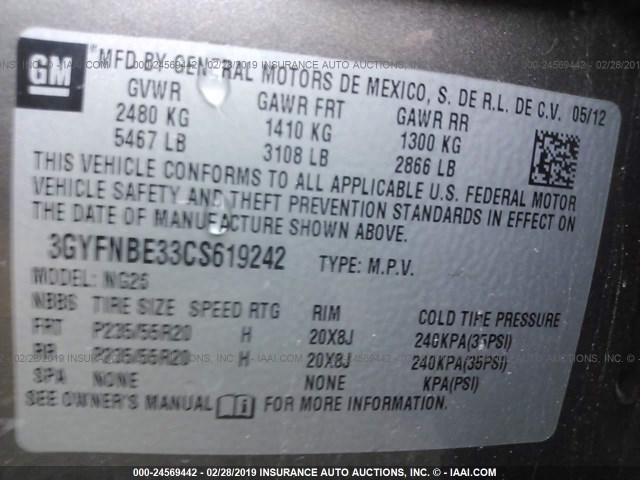 3GYFNBE33CS619242 - 2012 CADILLAC SRX PERFORMANCE COLLECTION Қоңыр фото 9