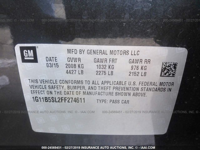 1G11B5SL2FF274611 - 2015 CHEVROLET MALIBU LS GRAY photo 9