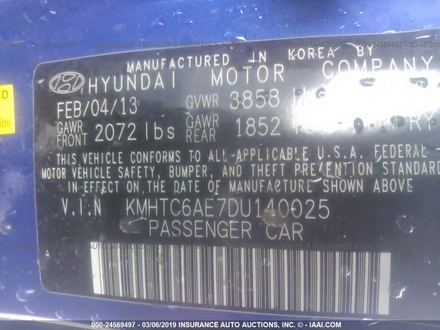 KMHTC6AE7DU140025 - 2013 HYUNDAI VELOSTER TURBO BLUE photo 9