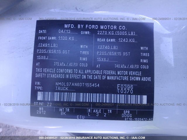NM0LS7AN6DT155454 - 2013 FORD TRANSIT CONNECT XL WHITE photo 9