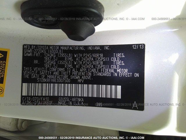 5TDBKRFH8ES007500 - 2014 TOYOTA HIGHLANDER LE/LE PLUS 白色 照片 9