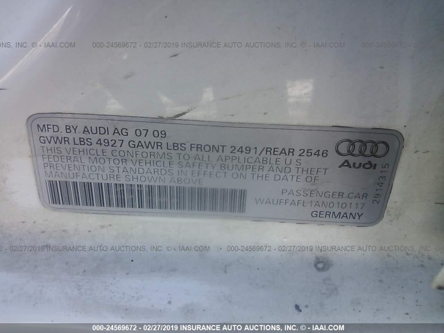 WAUFFAFL1AN010117 - 2010 AUDI A4 PREMIUM PLUS WHITE photo 9