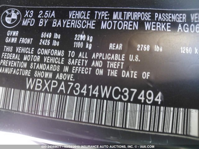 WBXPA73414WC37494 - 2004 BMW X3 2.5I GRAY photo 9