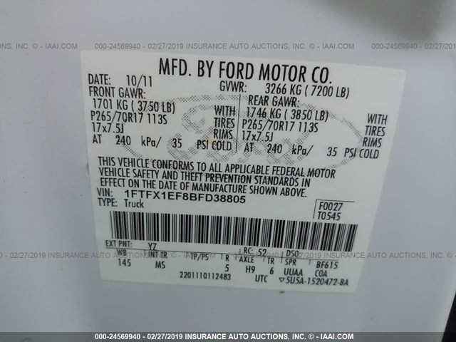 1FTFX1EF8BFD38805 - 2011 FORD F150 SUPER CAB WHITE photo 9