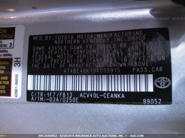 4T4BE46K19R099915 - 2009 TOYOTA CAMRY SE/LE/XLE SILVER photo 9