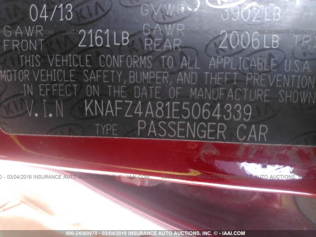 KNAFZ4A81E5064339 - 2014 KIA FORTE EX RED photo 9