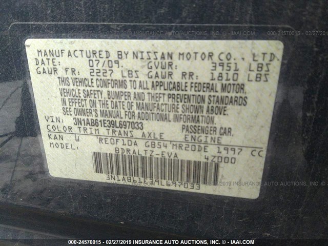 3N1AB61E39L697033 - 2009 NISSAN SENTRA 2.0/2.0S/2.0SL GRAY photo 9