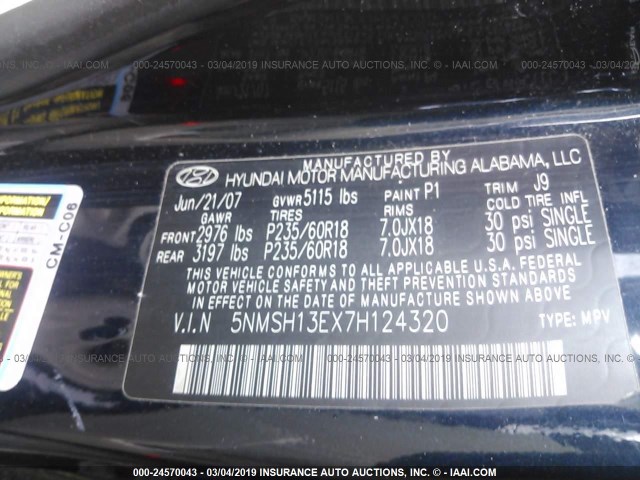 5NMSH13EX7H124320 - 2007 HYUNDAI SANTA FE SE/LIMITED BLUE photo 9