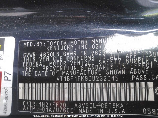 4T1BF1FK9DU232015 - 2013 TOYOTA CAMRY L/SE/LE/XLE 深蓝色 照片 9