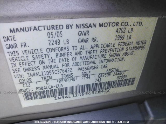 1N4AL11D95C376422 - 2005 NISSAN ALTIMA S/SL SILVER photo 9