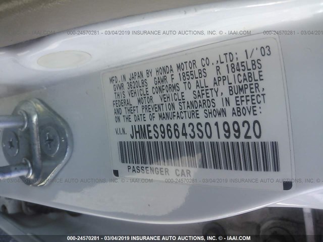 JHMES96643S019920 - 2003 HONDA CIVIC HYBRID WHITE photo 9