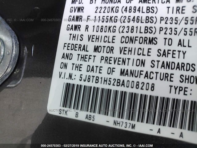 5J8TB1H52BA008208 - 2011 ACURA RDX TECHNOLOGY GRAY photo 9