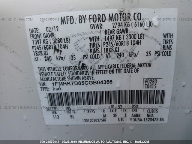 1FMHK7D85CGB04366 - 2012 FORD EXPLORER XLT WHITE photo 9