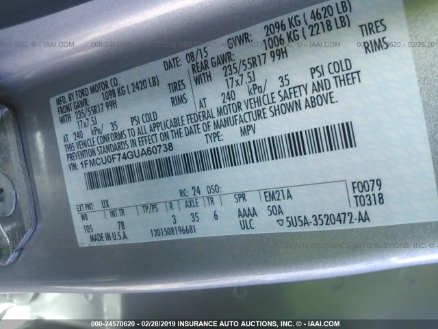 1FMCU0F74GUA60738 - 2016 FORD ESCAPE S GRAY photo 9