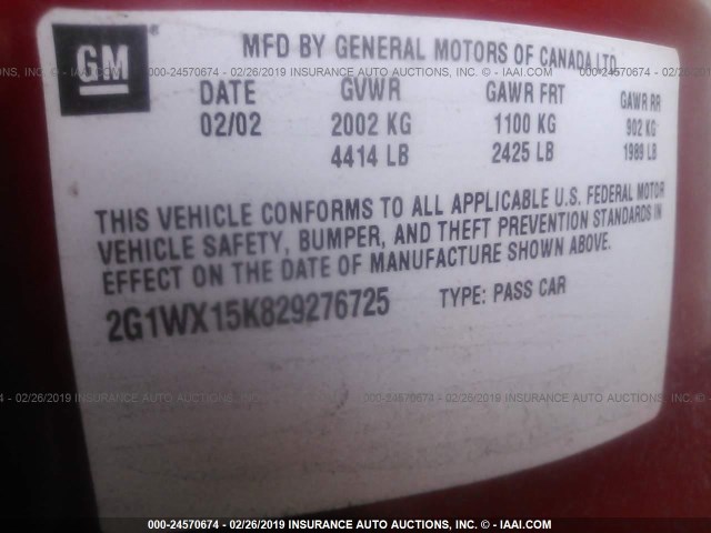 2G1WX15K829276725 - 2002 CHEVROLET MONTE CARLO SS წითელი ფოტო 9