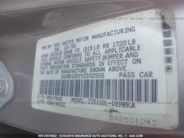 1NXBR12EXYZ332928 - 2000 TOYOTA COROLLA VE/CE/LE GOLD photo 9