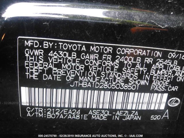 JTHBA1D28G5038501 - 2016 LEXUS IS 200T BLACK photo 9