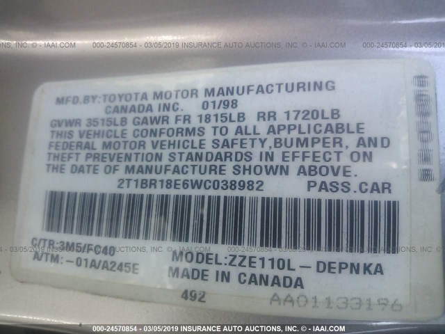 2T1BR18E6WC038982 - 1998 TOYOTA COROLLA VE/CE/LE GRAY photo 9