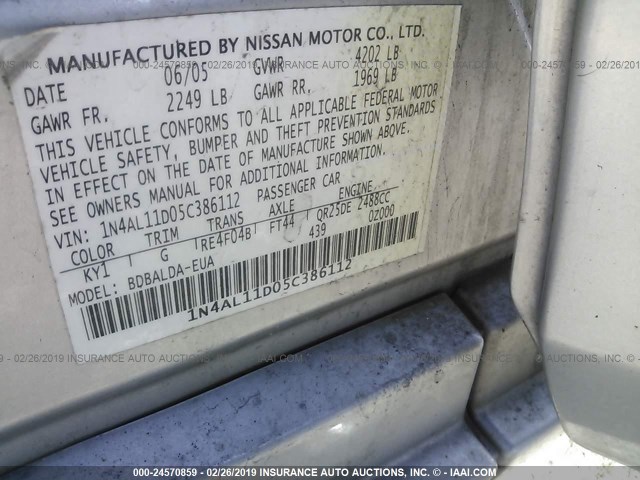 1N4AL11D05C386112 - 2005 NISSAN ALTIMA S/SL SILVER photo 9