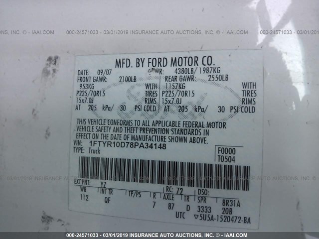 1FTYR10D78PA34148 - 2008 FORD RANGER WHITE photo 9