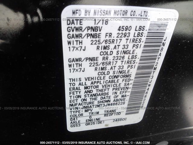 JN8AT2MT3JW466228 - 2018 NISSAN ROGUE S/SL/SV BLACK photo 9