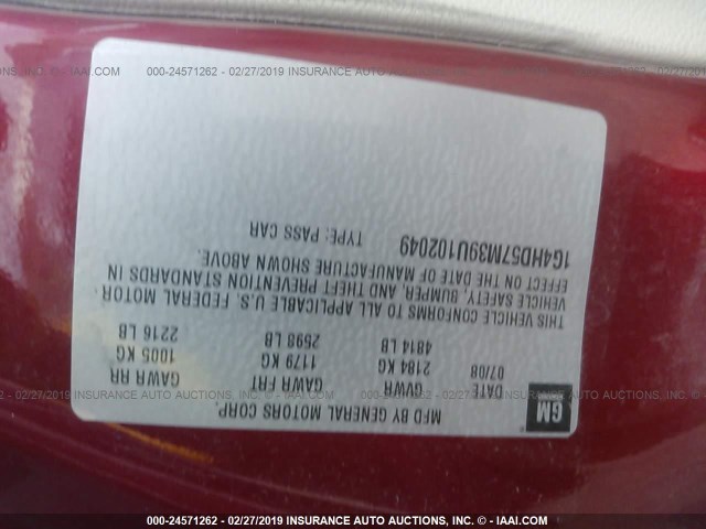 1G4HD57M39U102049 - 2009 BUICK LUCERNE CXL RED photo 9