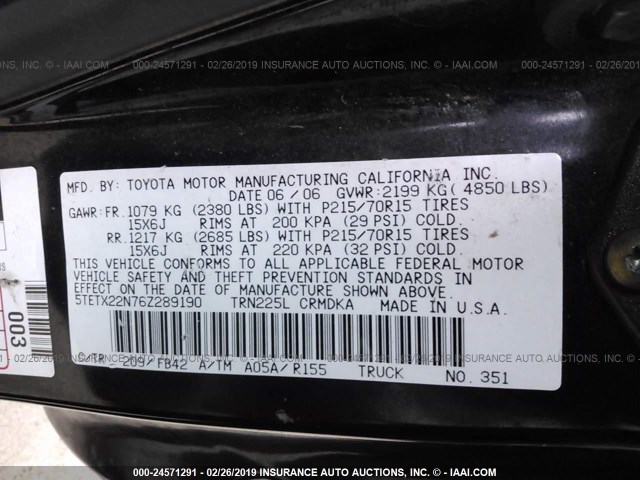5TETX22N76Z289190 - 2006 TOYOTA TACOMA ACCESS CAB შავი ფოტო 9