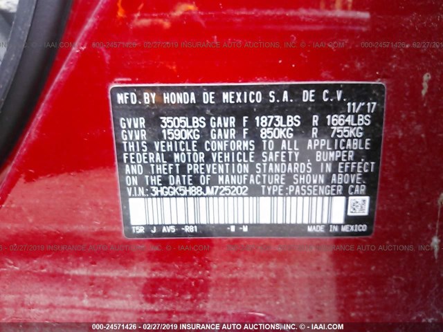 3HGGK5H88JM725202 - 2018 HONDA FIT EX/EXL RED photo 9