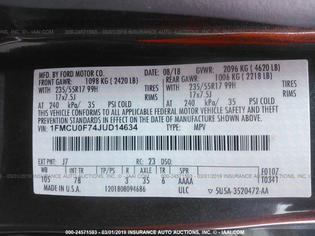 1FMCU0F74JUD14634 - 2018 FORD ESCAPE S GRAY photo 8