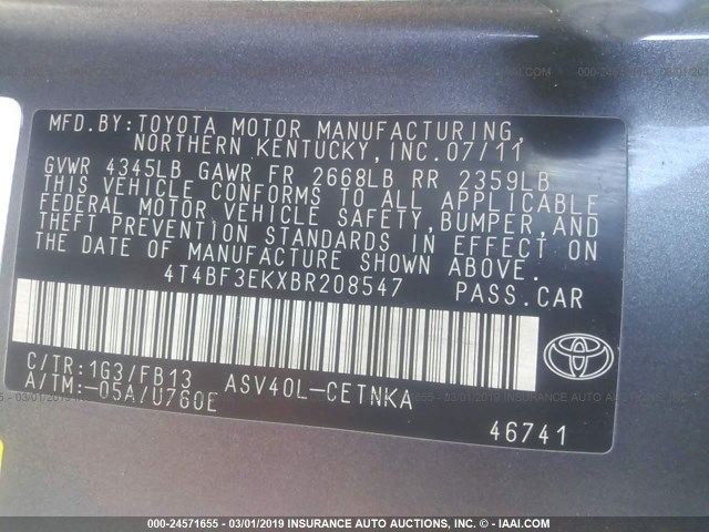 4T4BF3EKXBR208547 - 2011 TOYOTA CAMRY SE/LE/XLE GRAY photo 9