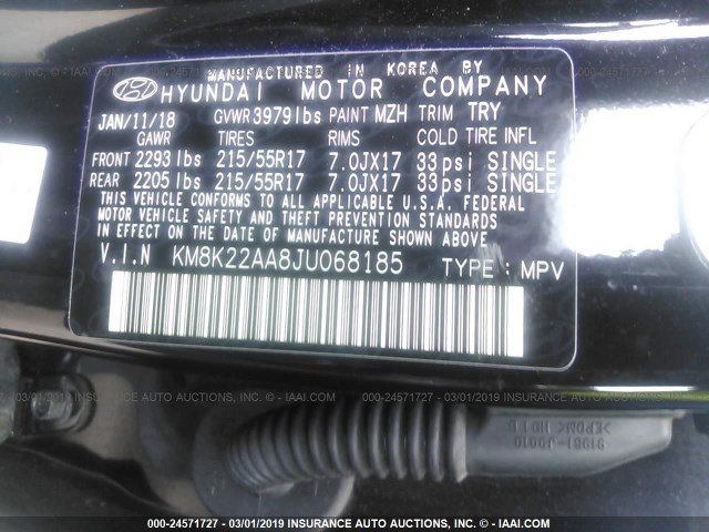 KM8K22AA8JU068185 - 2018 HYUNDAI KONA SEL BLACK photo 9