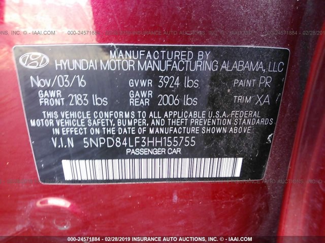 5NPD84LF3HH155755 - 2017 HYUNDAI ELANTRA SE/VALUE/LIMITED MAROON photo 9