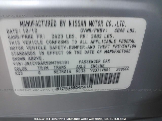 JN1CV6AR5DM756181 - 2013 INFINITI G37 SILVER photo 9