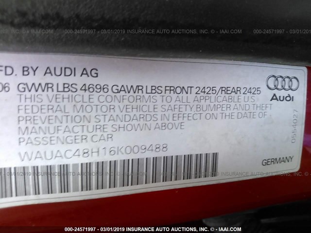 WAUAC48H16K009488 - 2006 AUDI A4 1.8 CABRIOLET RED photo 9