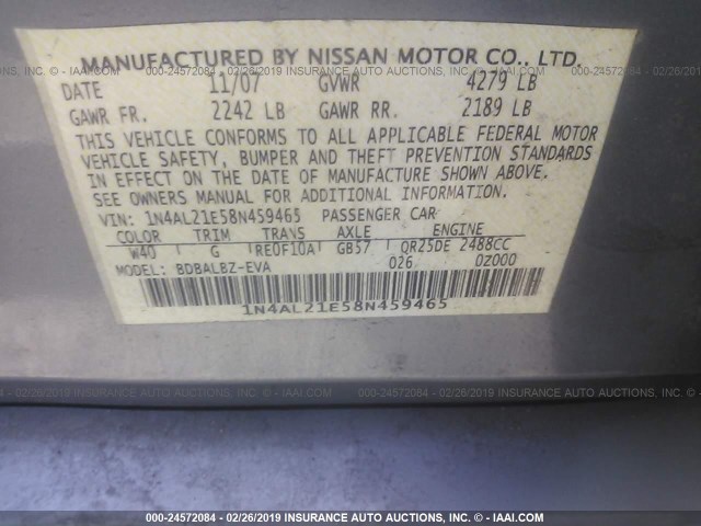 1N4AL21E58N459465 - 2008 NISSAN ALTIMA 2.5/2.5S SILVER photo 9