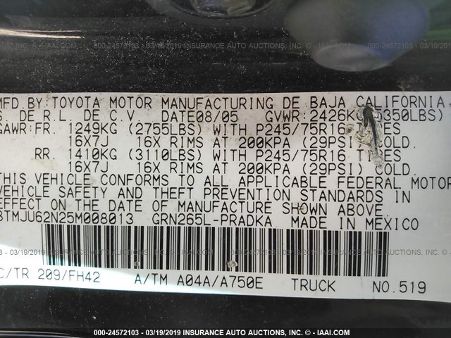 3TMJU62N25M008013 - 2005 TOYOTA TACOMA DOUBLE CAB PRERUNNER BLACK photo 9